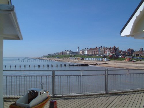 Southwold seafront from the Pier. The Pier is just under 200 metres long. Its rails are covered with brass plaques, each with its own individual personal message, placed by those who supported the Pier's restoration